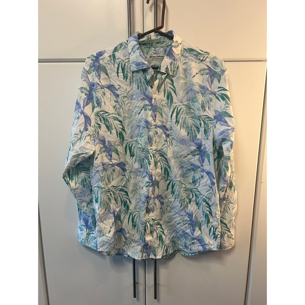 Tommy Bahama The Siesta Key Mens Long Sleeve Tropical Palm Print Shirt White Blu